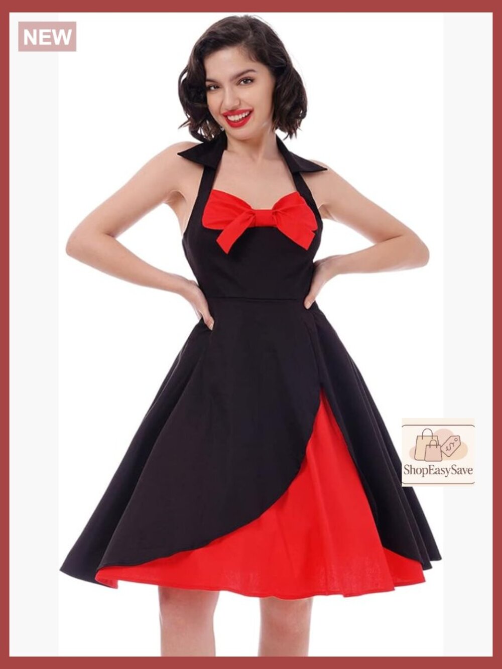 Vintage Halter Polka Dot Swing Midi Dress Elegant Cocktail Party Gown